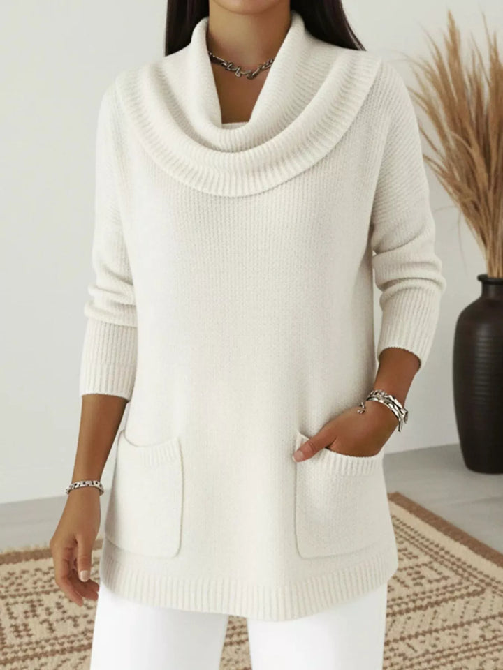 White Cowl neck long sleeve knit sweater with front pockets