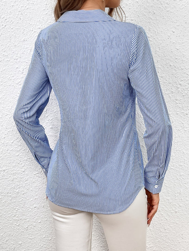 Striped wrap blouse with bow tie waist and Johnny collar