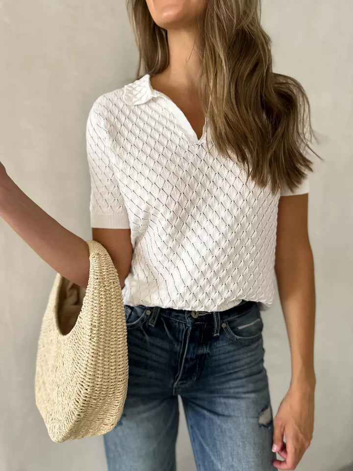 White Textured pointelle knit collared short sleeve top