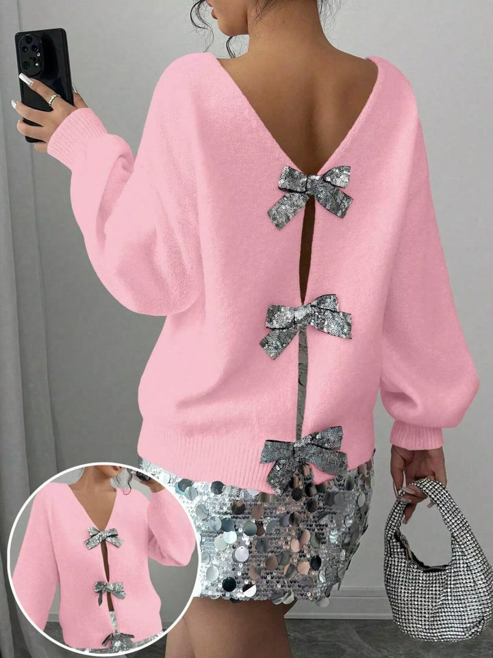 Pink Sequin bow-tie dropped shoulder fuzzy knit cardigan