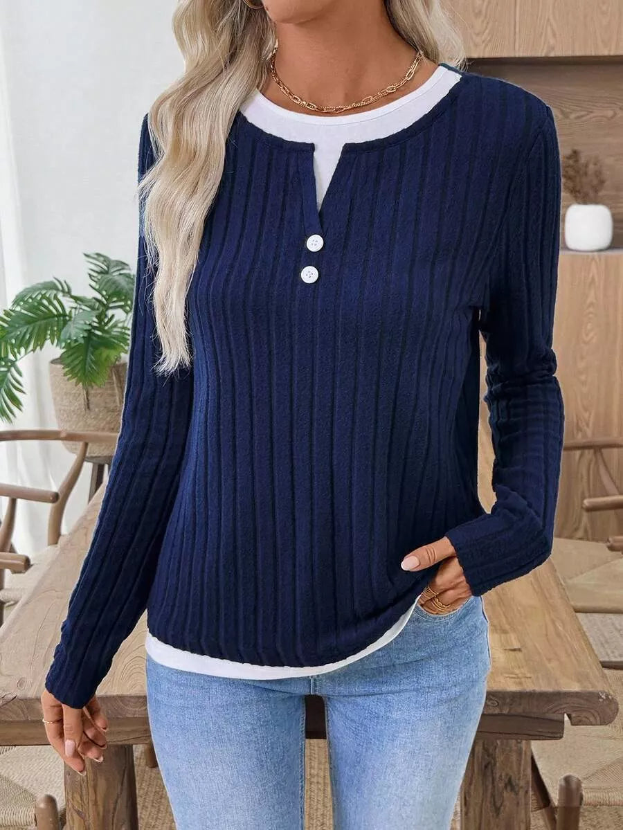 Dark Blue Ribbed knit layered-look long sleeve top with button trim