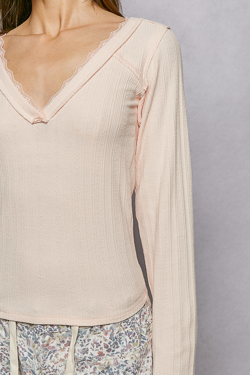 Ribbed V-neck long sleeve top with lace-trim neckband