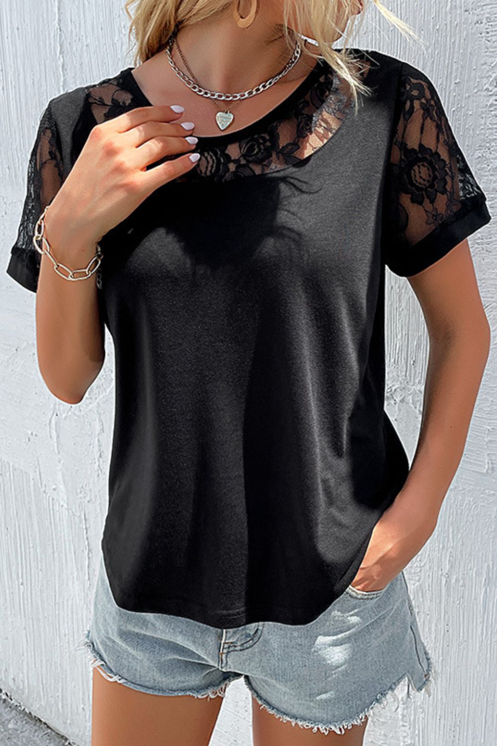 Floral lace panel round neck short sleeve top