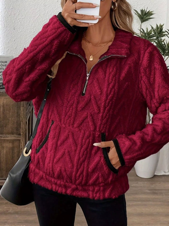 Textured fleece half-zip pullover with kangaroo pocket