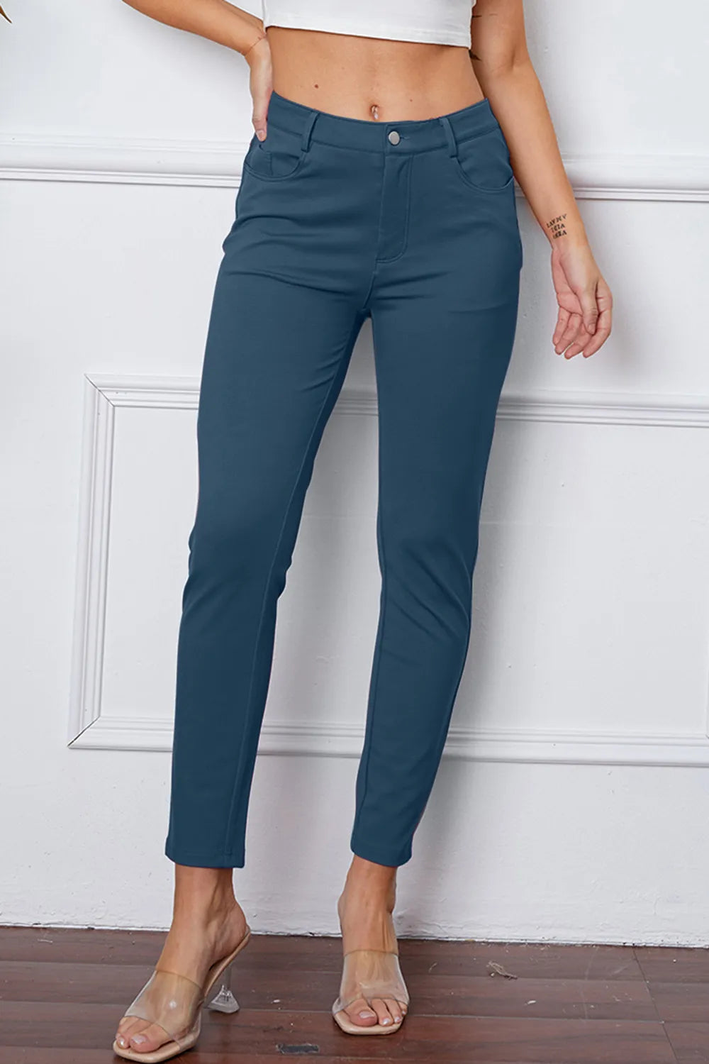 Slim-fit stretch ankle pants with five-pocket styling