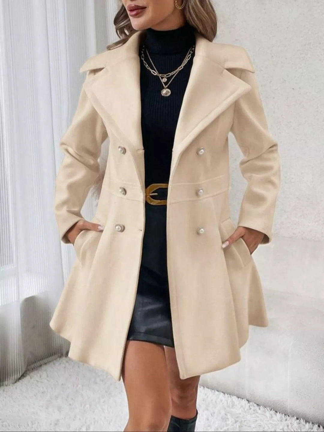 Orange Double-breasted peplum coat with notch lapels and pockets
