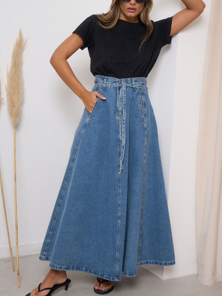 High-waisted belted A-line maxi denim skirt