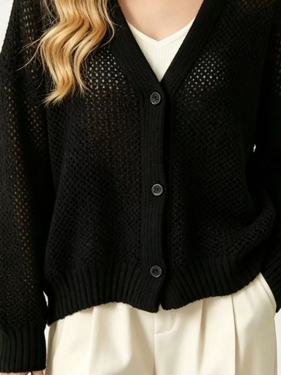 Open-knit V-neck button-front cardigan with ribbed trim