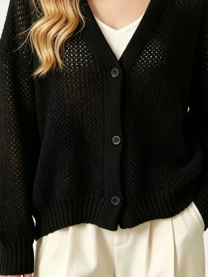 Open-knit V-neck button-front cardigan with ribbed trim