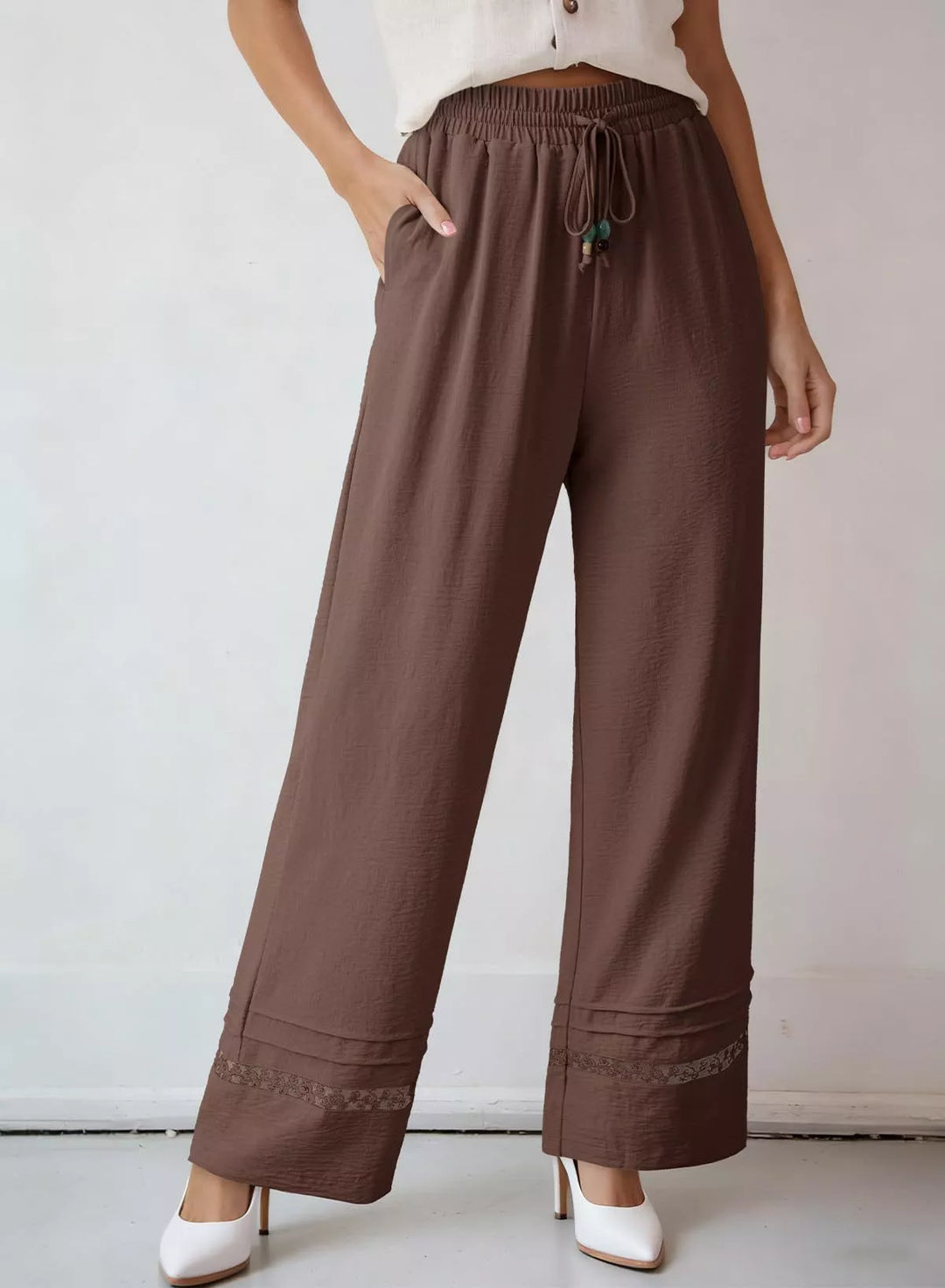 Brown Wide leg drawstring pants with embroidered lace hem