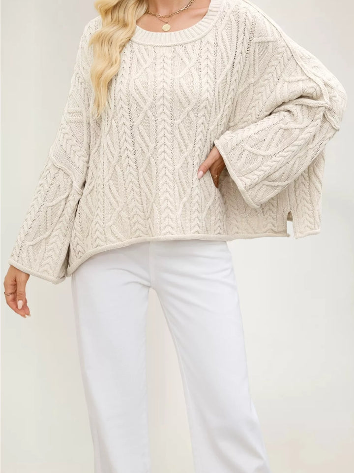 Apricot Cable knit drop shoulder oversized sweater with bell sleeves