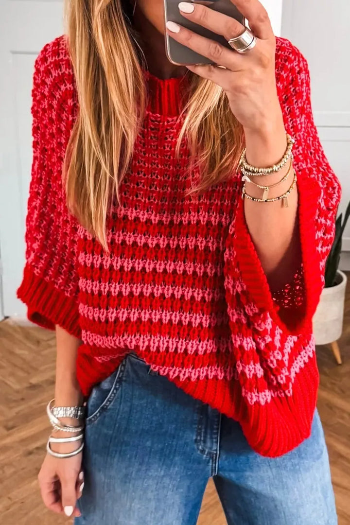 Striped open-knit crew neck sweater with half sleeves