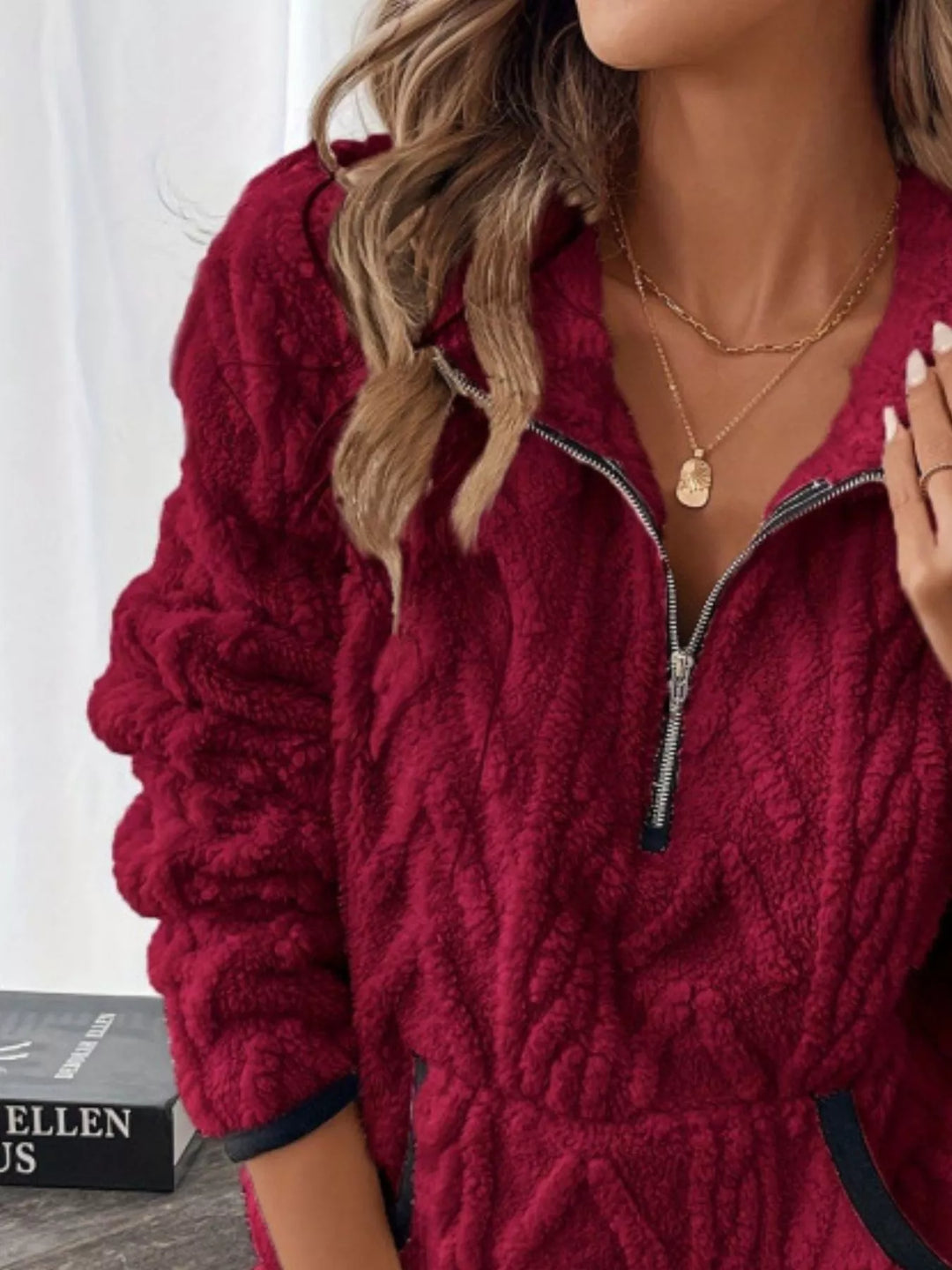 Textured sherpa half-zip pullover with contrast trim