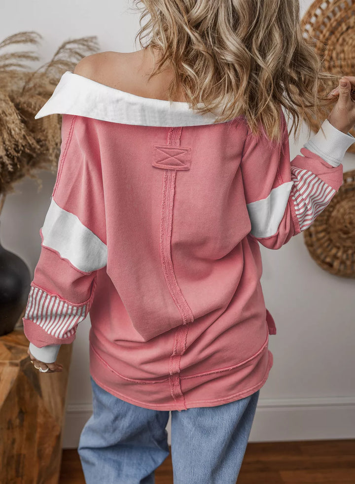 Color block striped Johnny collar sweatshirt with exposed seams