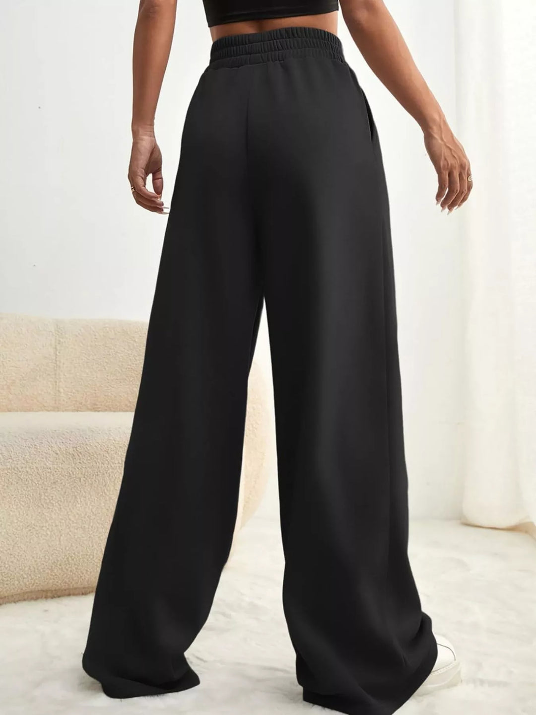 Pleated wide-leg drawstring pants with elastic waist