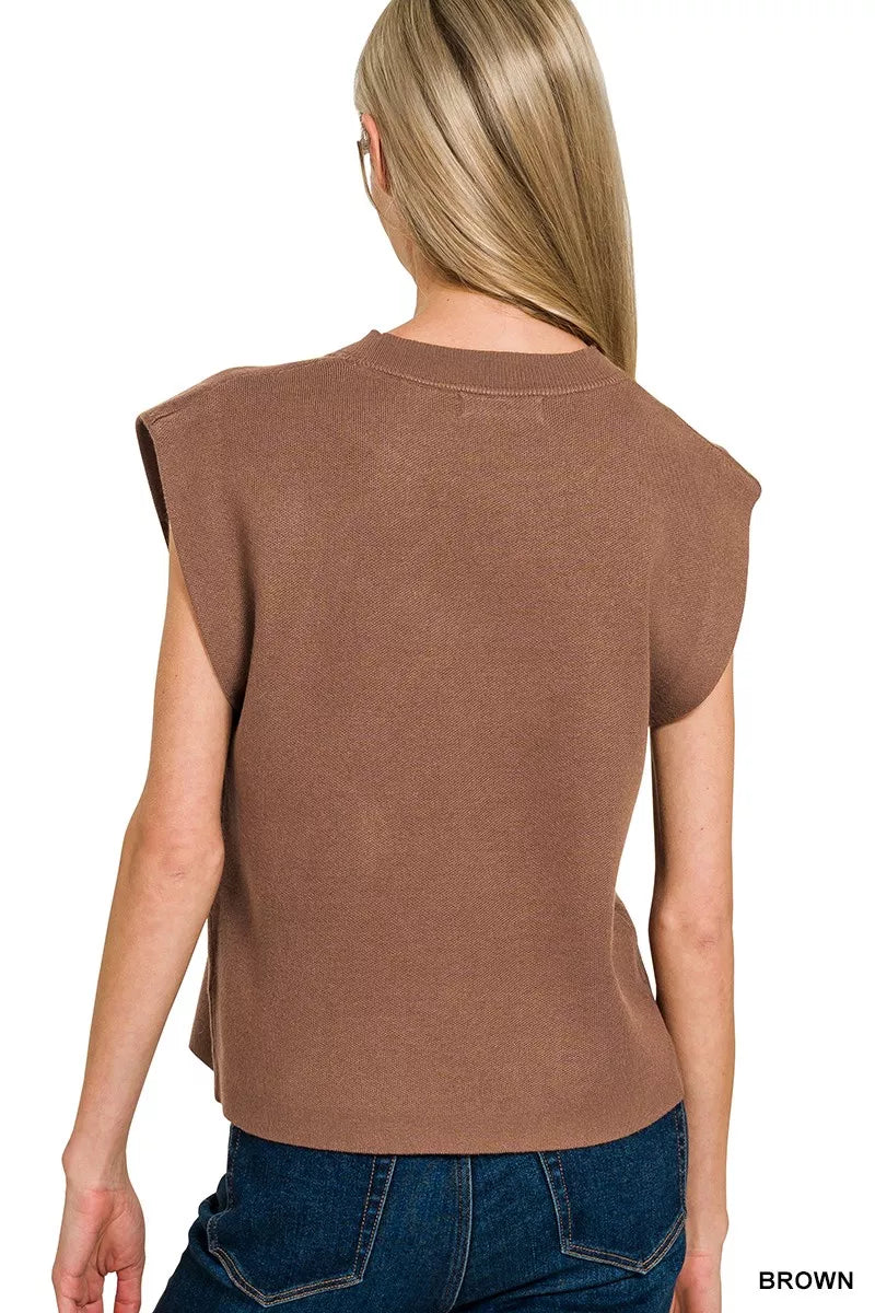 Boxy sleeveless knit sweater vest with ribbed round neck