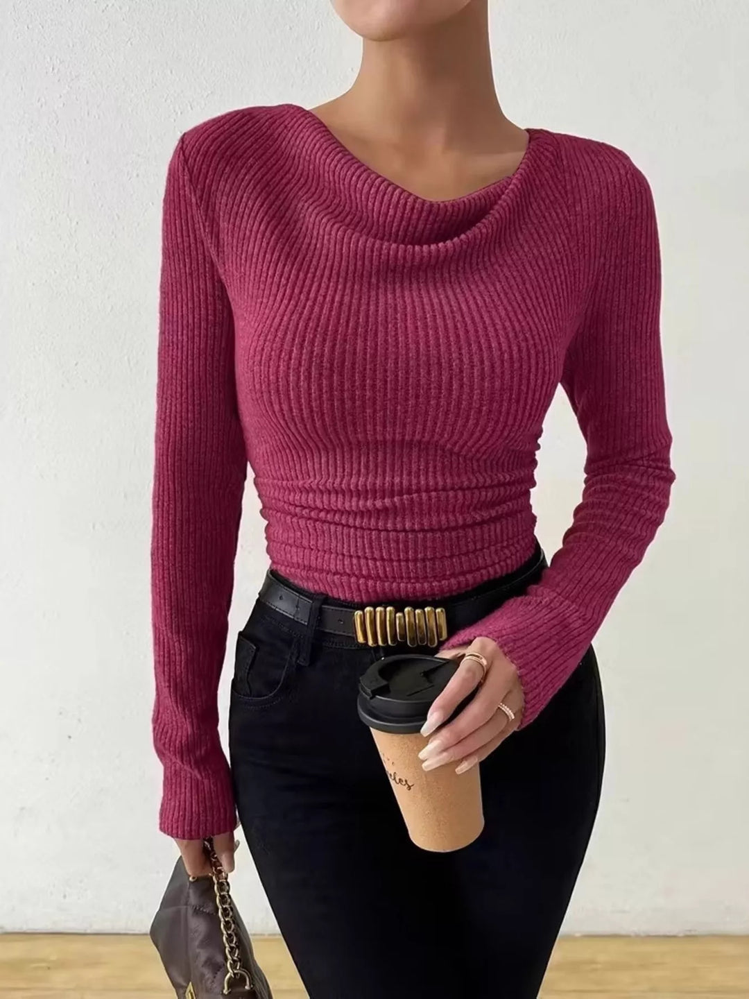 Ribbed knit cowl neck top with ruched sides
