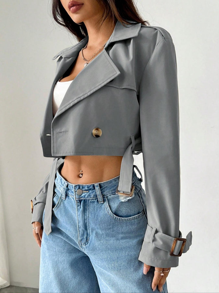 Cropped double-breasted trench jacket with belted cuffs