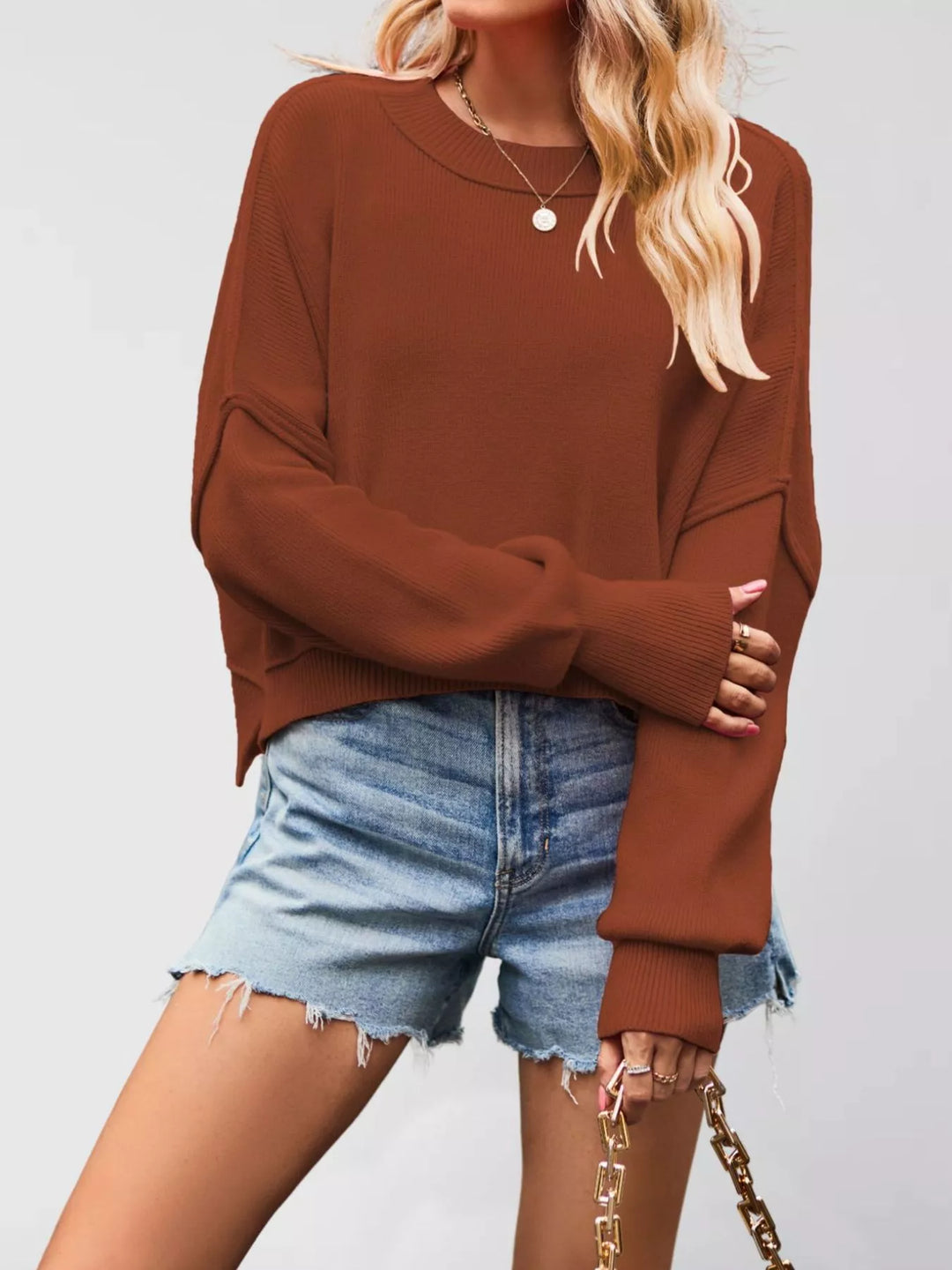 Rust Red Dropped shoulder crew neck sweater with ribbed raw hem