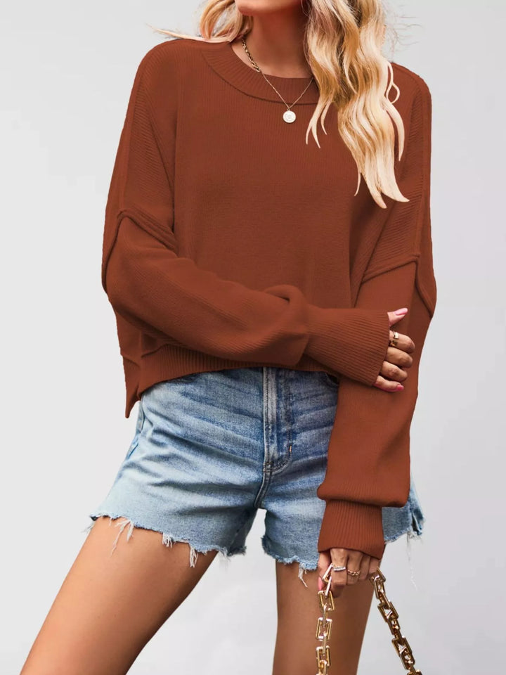 Rust Red Dropped shoulder crew neck sweater with ribbed raw hem