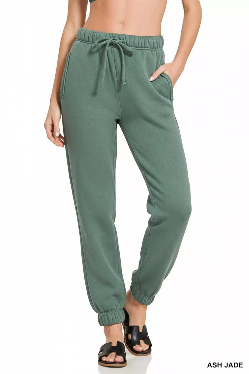 Fleece drawstring jogger pants with ribbed ankle cuffs