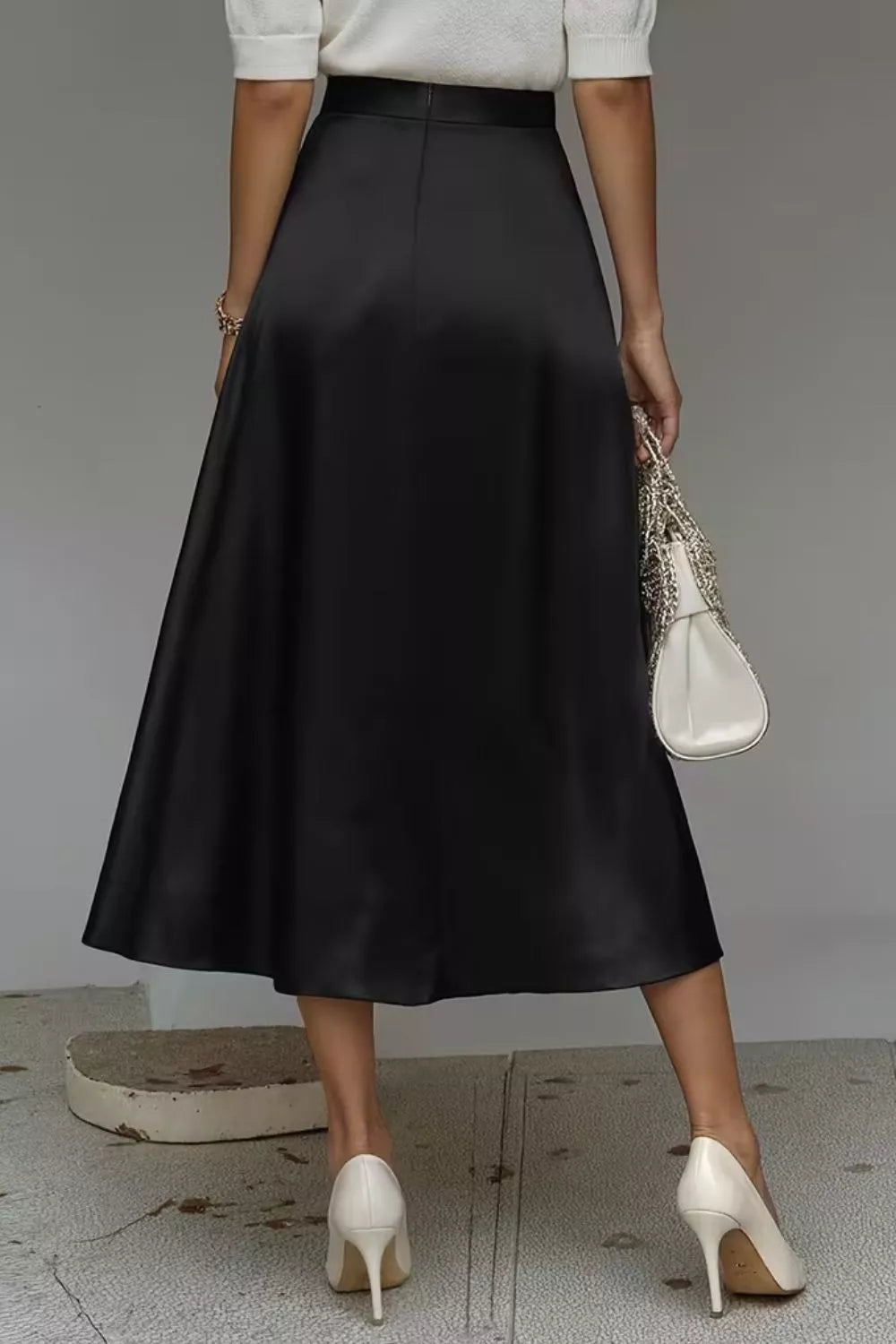 High-waist satin A-line midi skirt with pockets