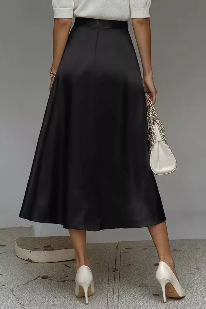 High-waist satin A-line midi skirt with pockets