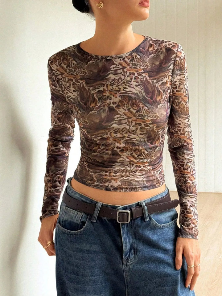 Leopard print sheer mesh long sleeve crew neck top