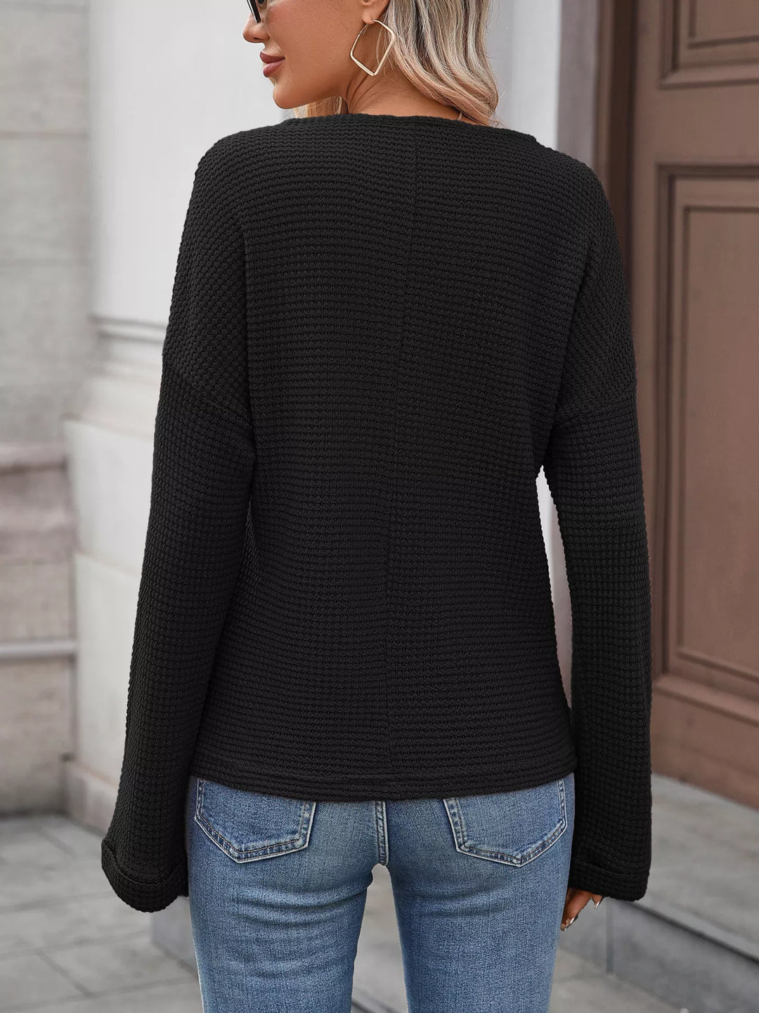 Striped waffle-knit notched neck long sleeve top