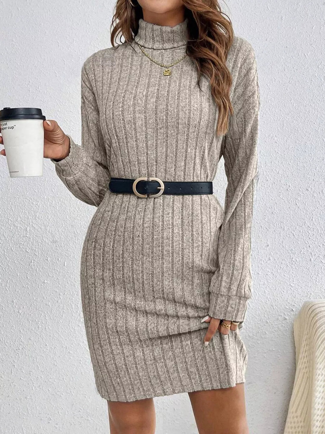 Mocha Ribbed knit turtleneck sweater mini dress with long sleeves