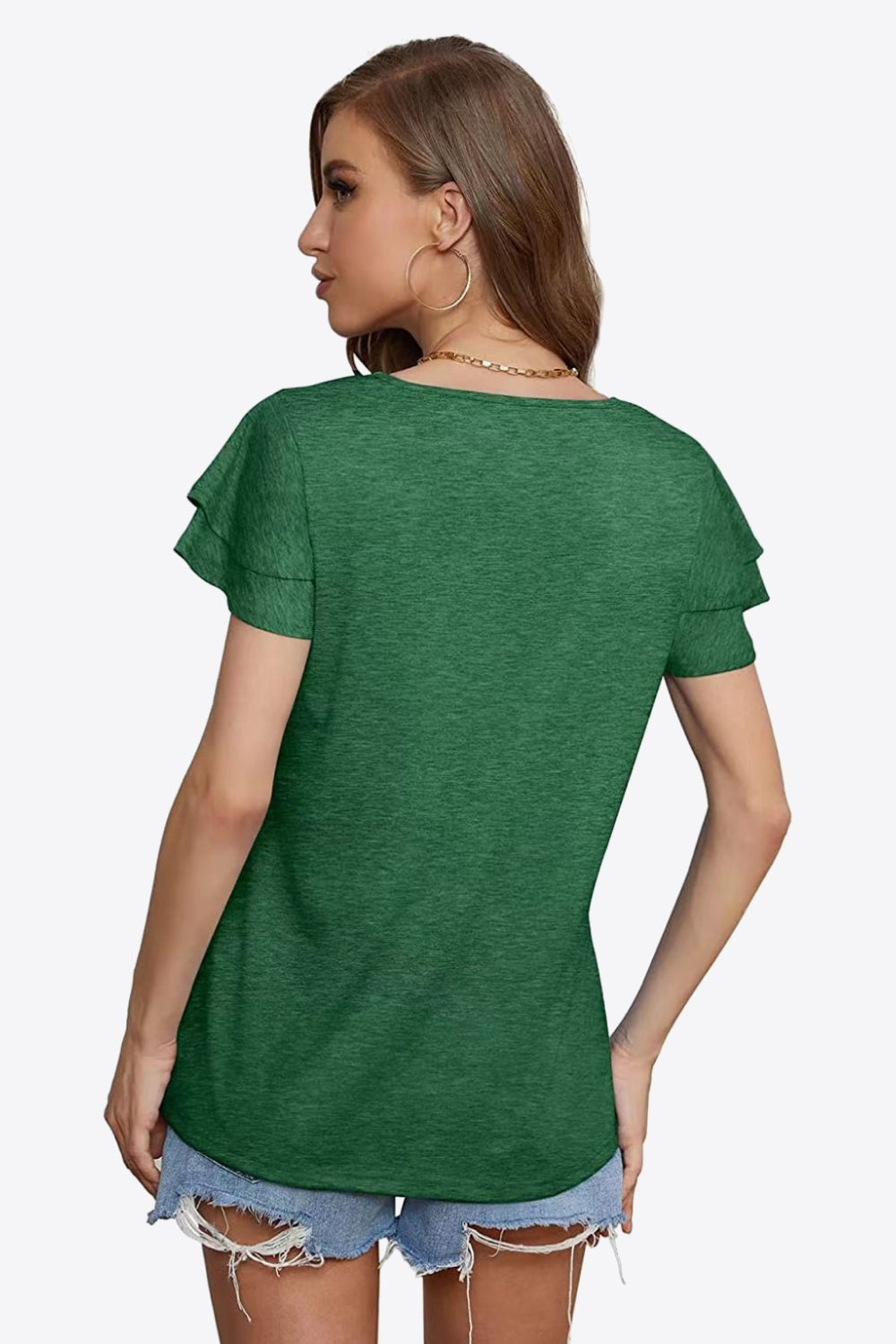 Tiered flutter sleeve blouse with split tie neck