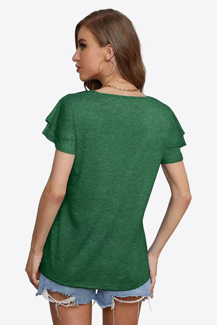 Tiered flutter sleeve blouse with split tie neck