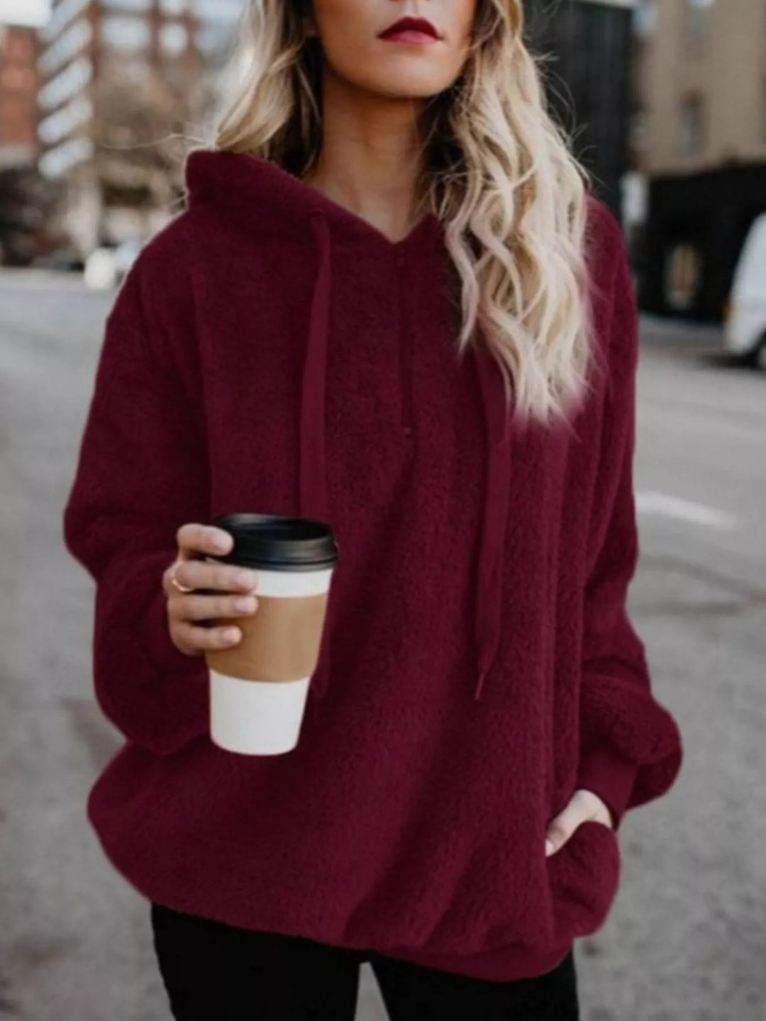 Burgundy Plush half-zip fleece hoodie with drawstring hood and pockets