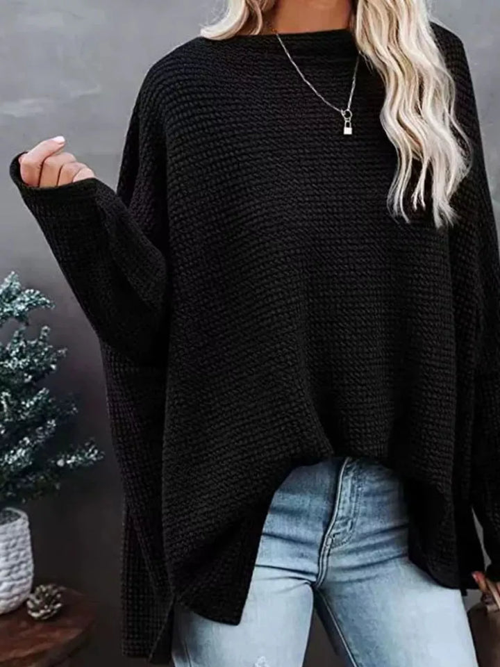 Oversized waffle knit boat neck top with dolman sleeves