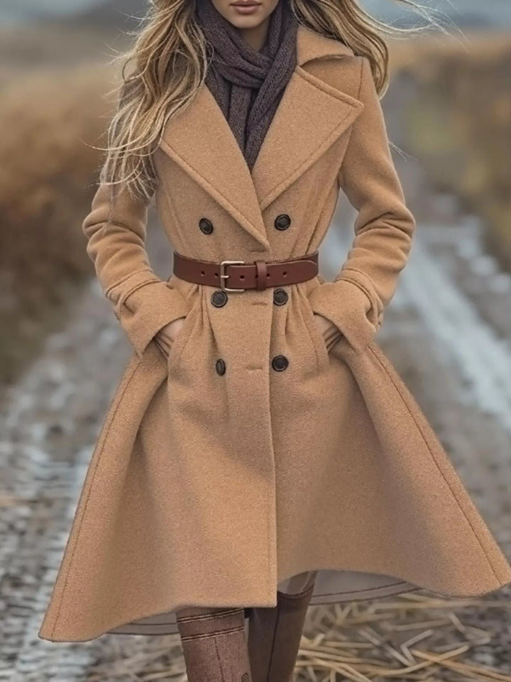 Double-breasted belted midi coat with notch lapel
