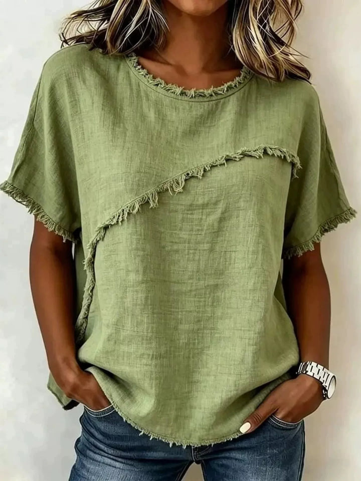 Green Frayed trim crew neck relaxed short sleeve top