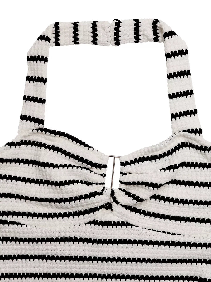 Striped halter knit bodycon mini dress with cutout