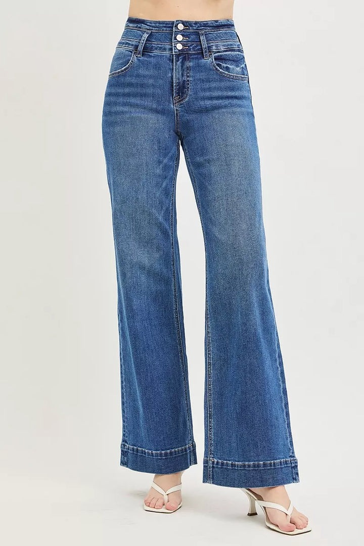 High-rise wide-leg jeans with stacked button front
