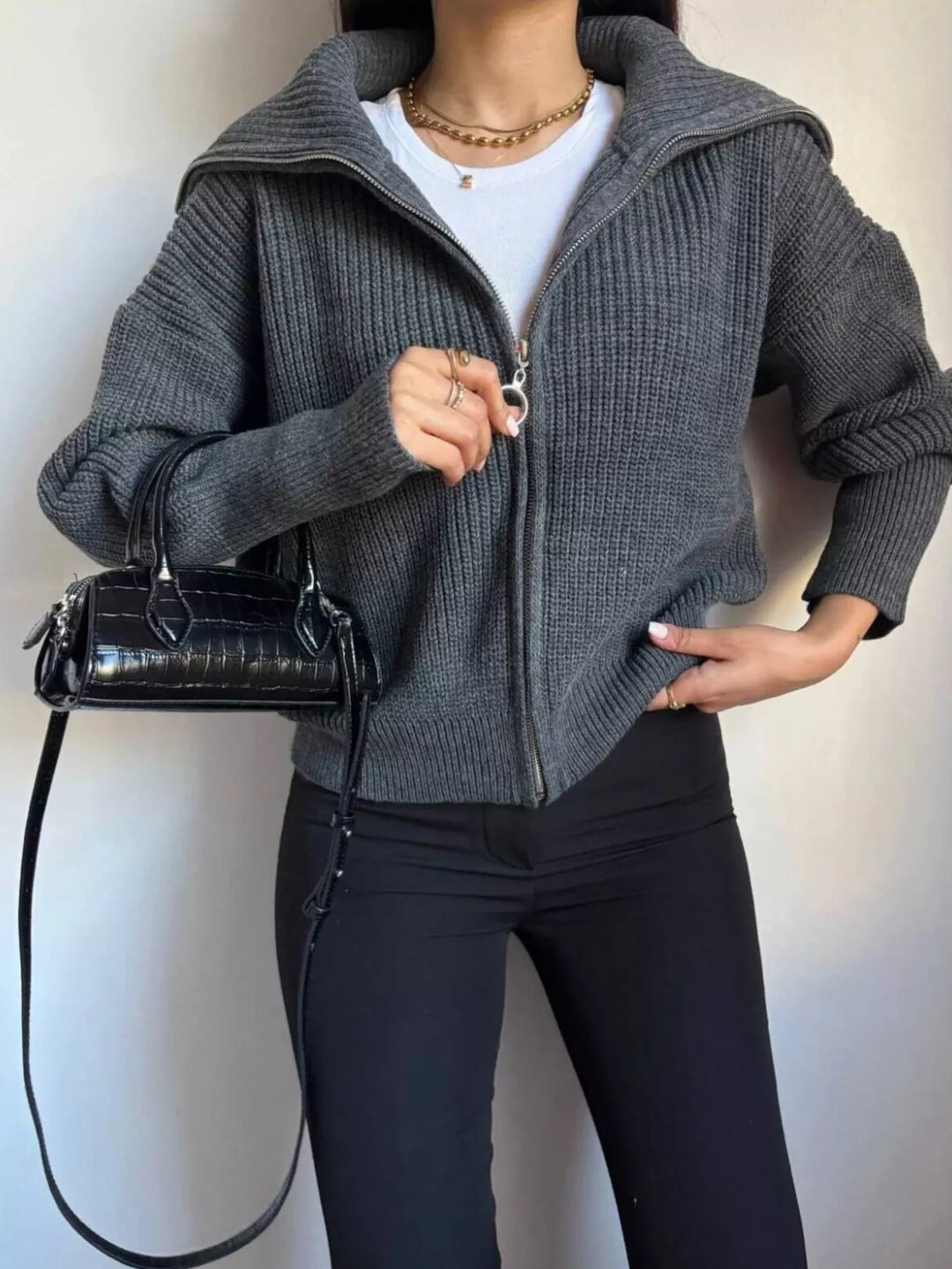 Gray Chunky two-way zip sweater jacket with foldover collar
