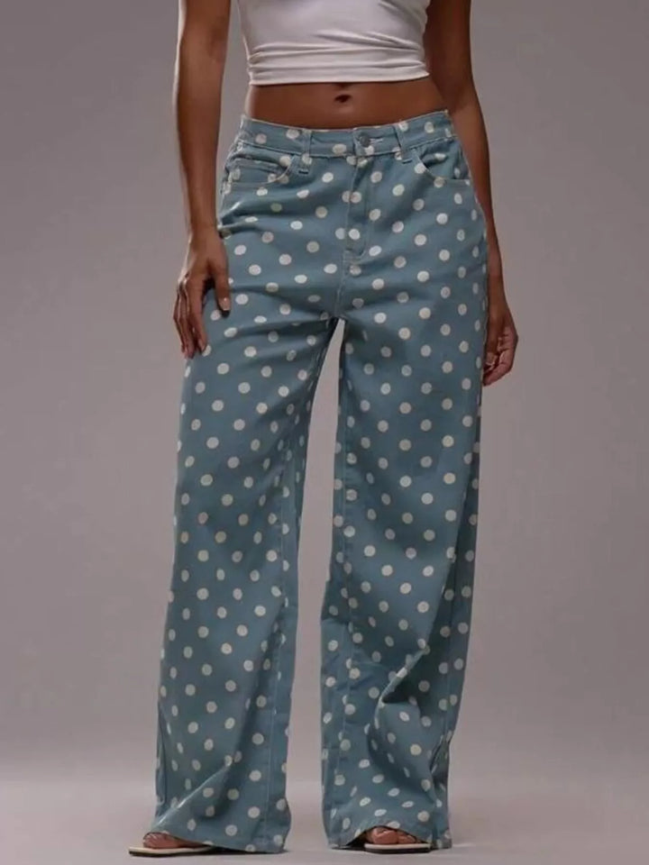 Light Blue Polka dot high-rise wide-leg jeans with five-pocket styling