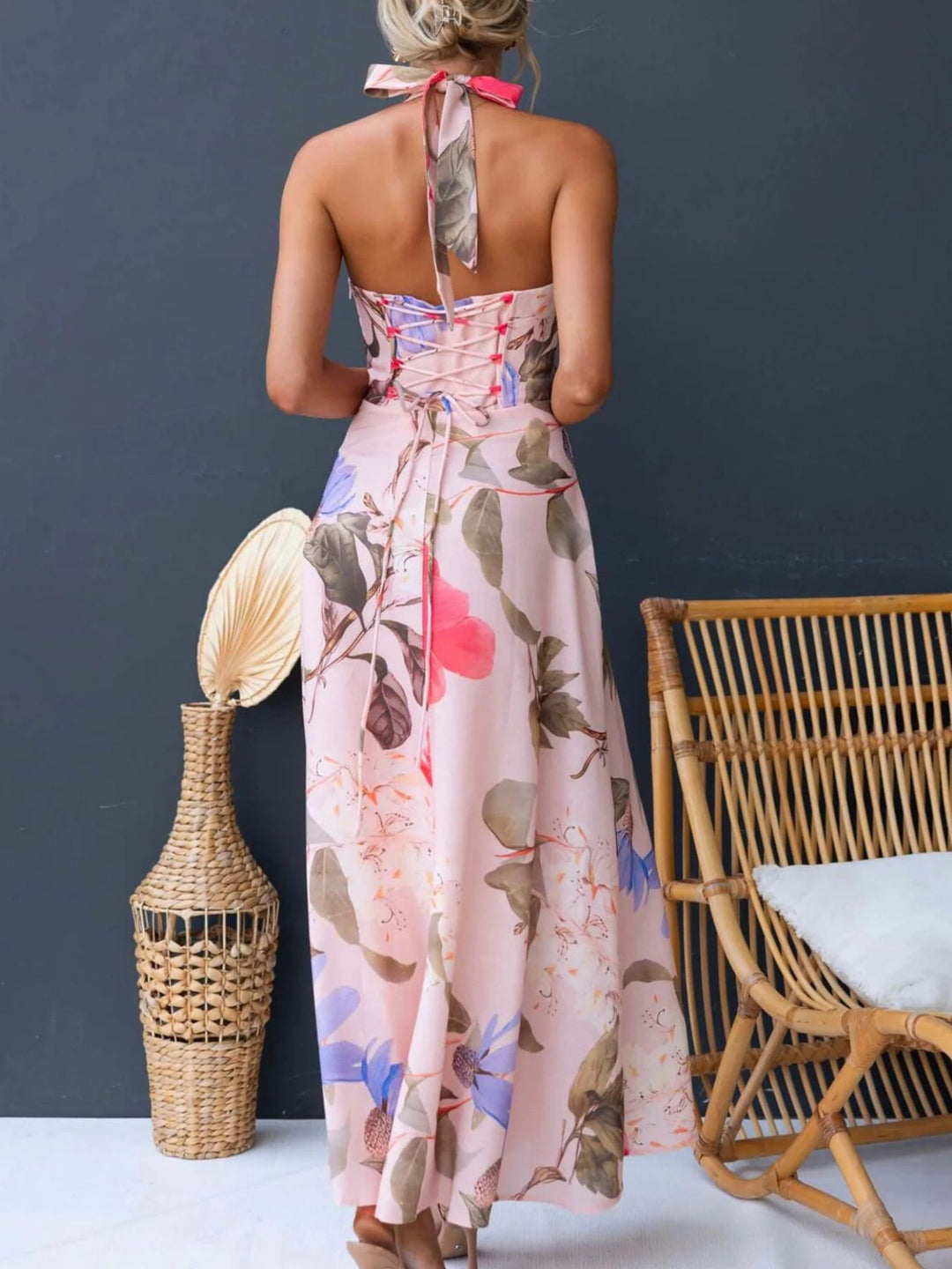 Floral print halter maxi dress with lace-up back