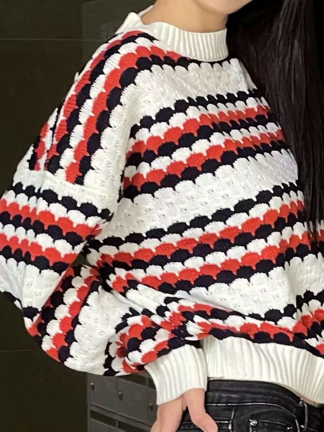 Textured stripe open-knit round neck sweater