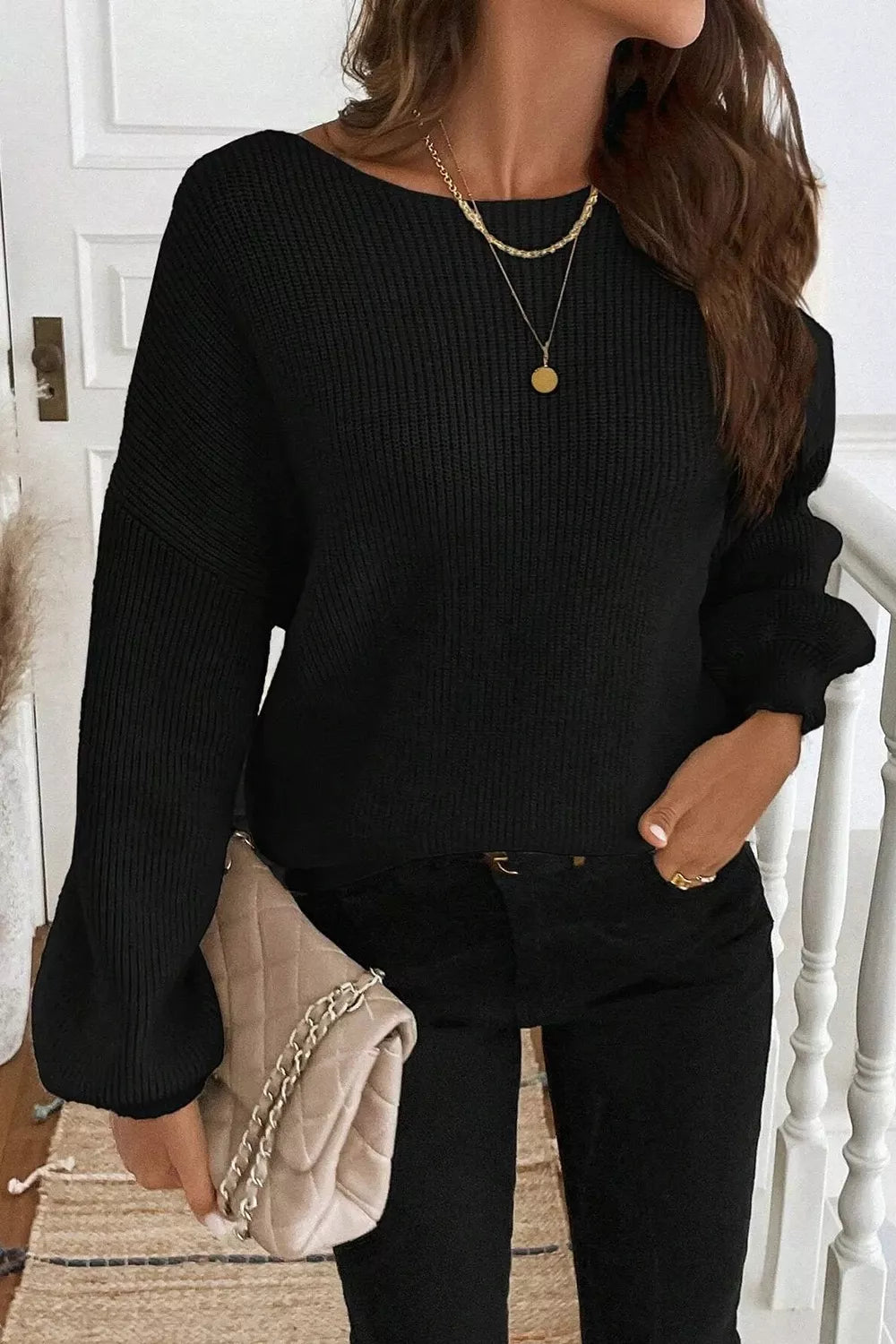 Ribbed knit drop-shoulder sweater with bow-tie open back