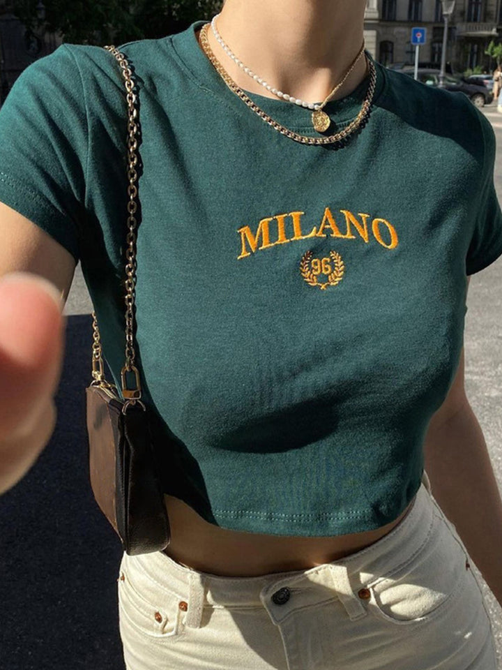 Green Milano embroidered short sleeve crop t-shirt