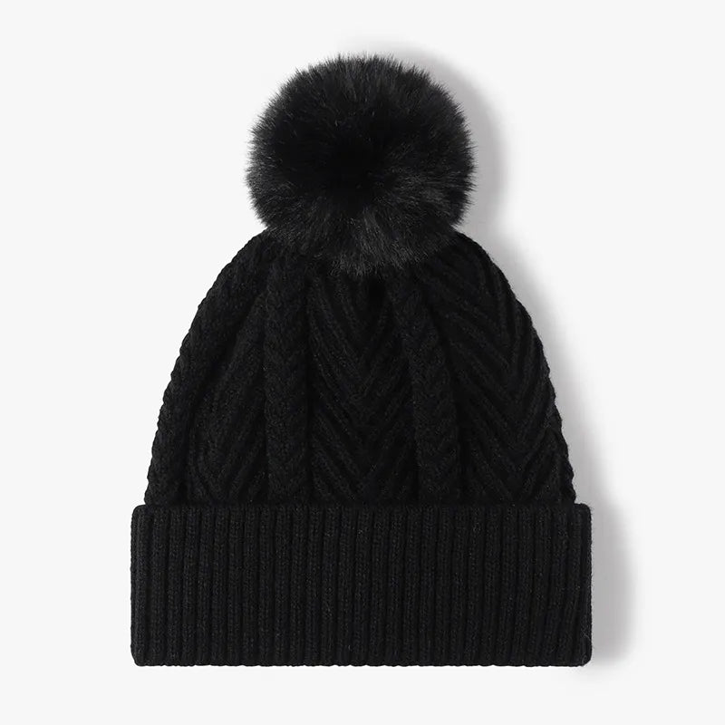 Black Cable knit beanie with faux fur pompom and ribbed cuff