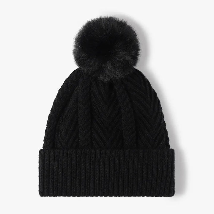 Black Cable knit beanie with faux fur pompom and ribbed cuff