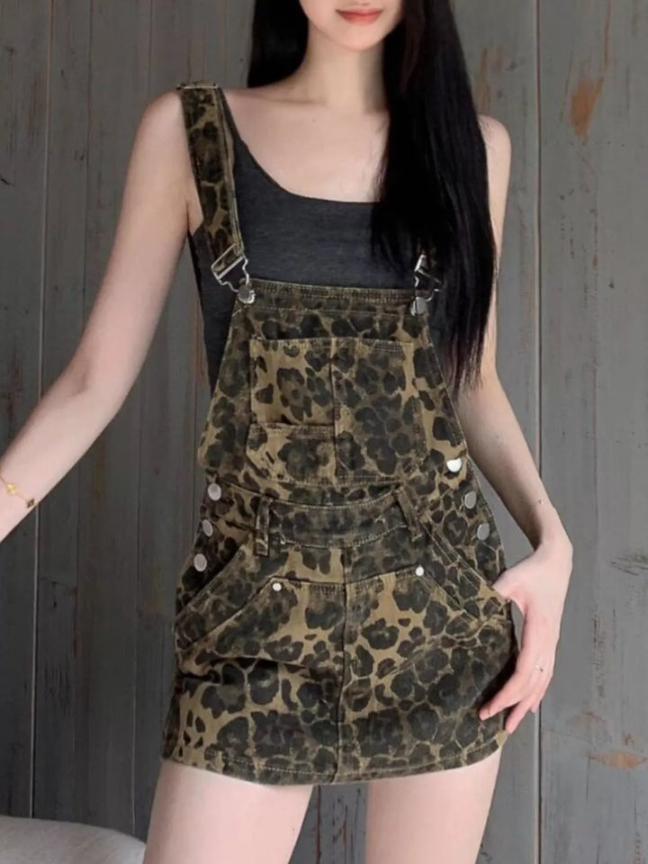 Army Green Leopard print denim mini overall pinafore dress