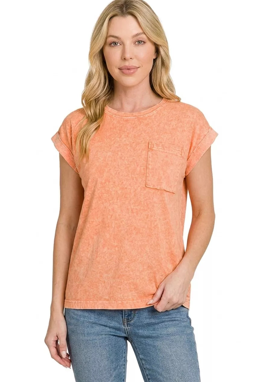 Mineral washed cuffed short sleeve pocket tee