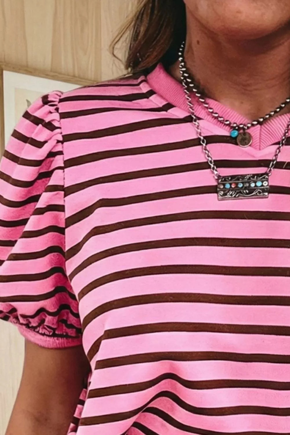 Striped puff sleeve top with ribbed V-neck collar