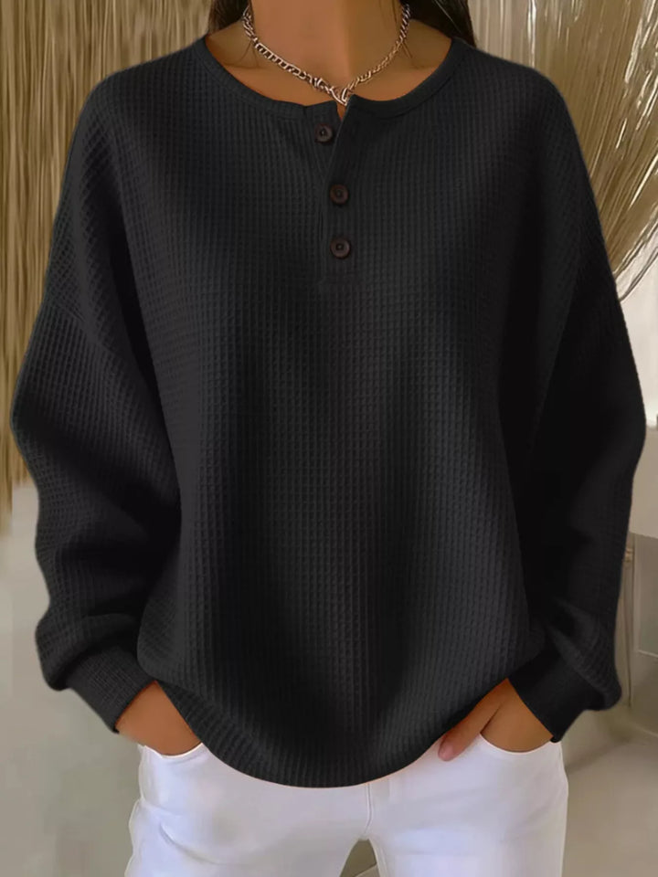 Waffle knit long sleeve henley top with button placket